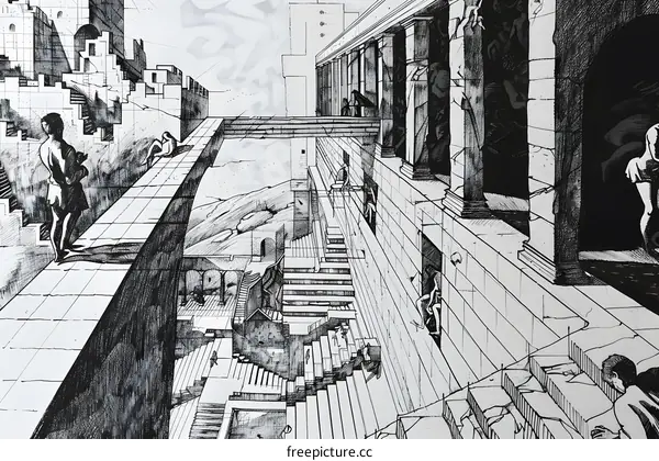Ink Drawing of a Cityscape with Stairs and People