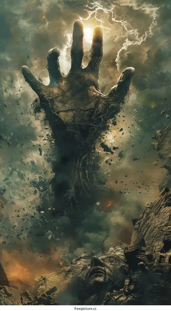 Fantasy movie poster of a giant stone hand emerging from the ground
