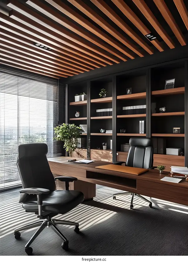 Modern Office Design with Wooden Ceiling and Bookcases
