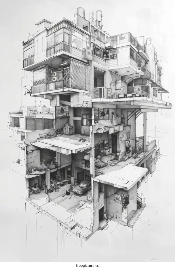 Black and white pencil drawing of a detailed building