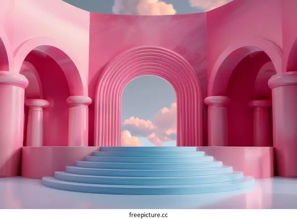 Pink and Blue Architectural Scene Illustrative Design
