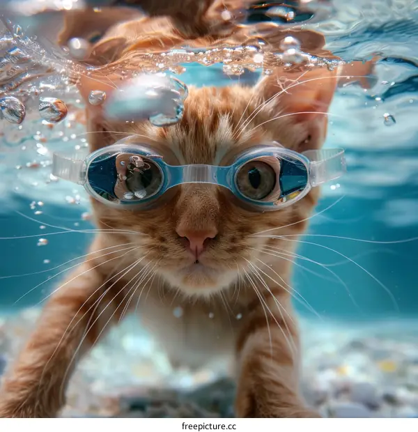A ginger cat wearing swimming goggles swims underwater