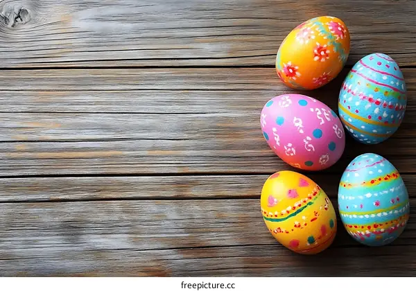 Easter Eggs Decorated on Wooden Background