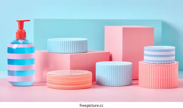 Pink and Blue Geometric Podiums with Cosmetic Bottle