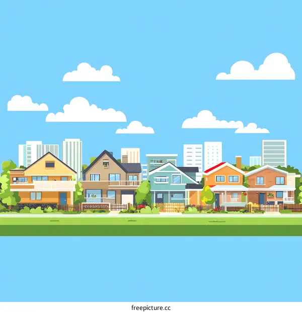 Beautiful Suburban Neighborhood Illustration With Houses And Blue Sky