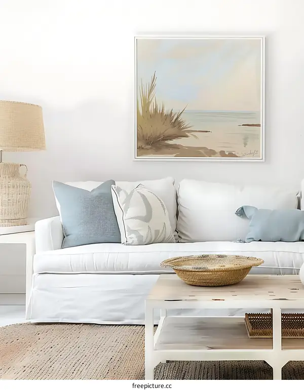 Minimalist Coastal Living Room with Beach Painting