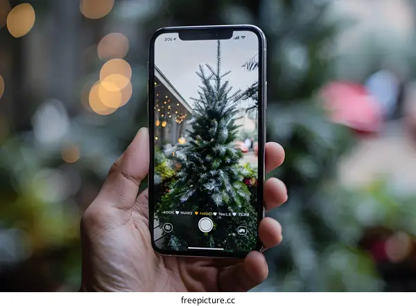 Hand Holding Phone Taking Photo of Christmas Tree