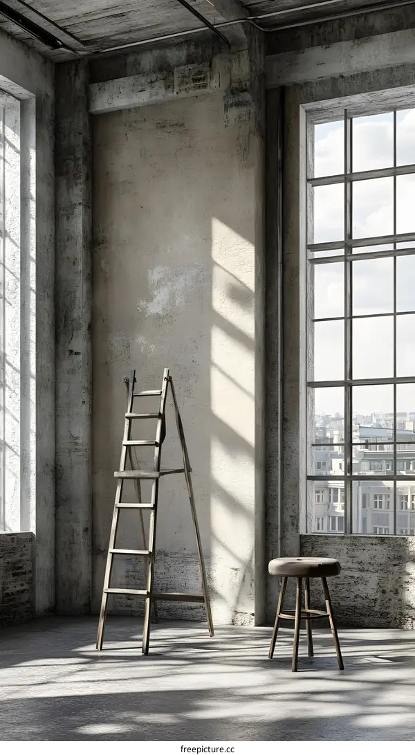 Empty Industrial Room With Ladder and Stool