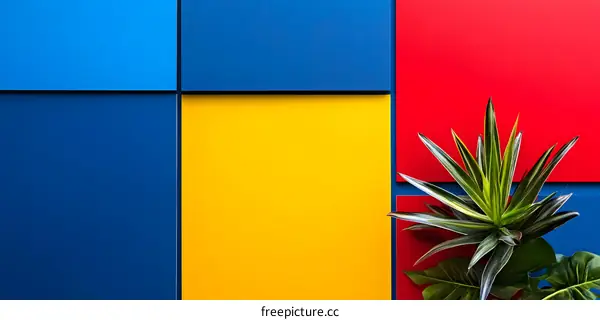 Abstract Colorful Wall Background with Green Plant