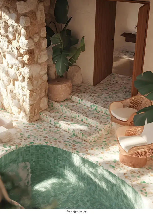 Poolside Tropical Oasis with Stone Walls and Wicker Chairs