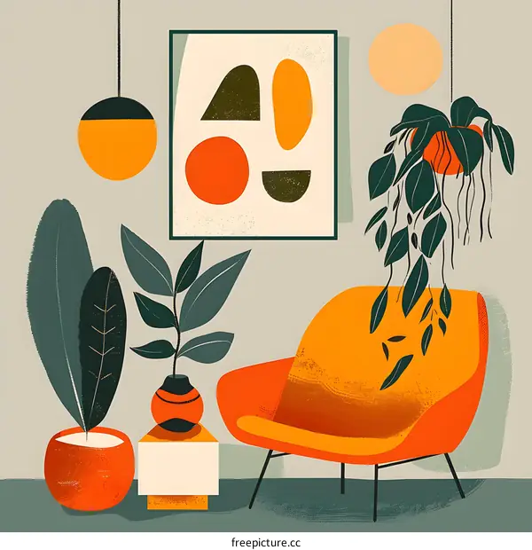 Abstract Mid Century Modern Living Room Interior Design Illustration