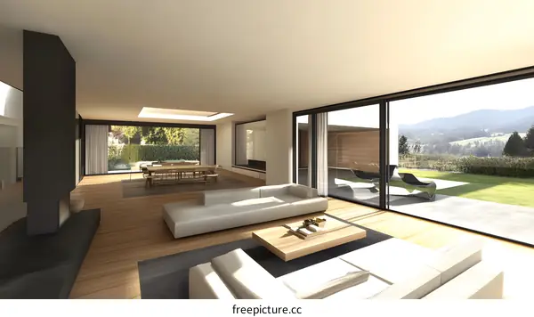 Modern Living Room Interior Design With Open Floor Plan And Large Windows