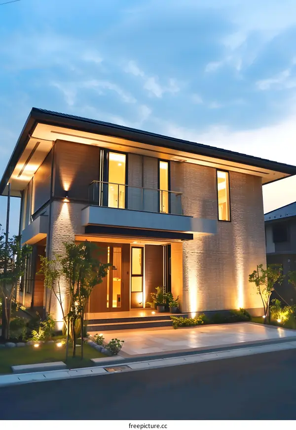 Modern House Exterior with  Landscaping and Lighting at Dusk
