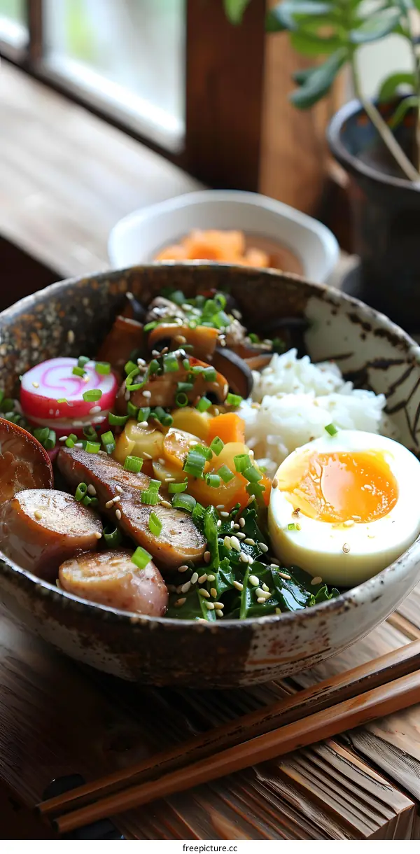 A delicious bowl of Japanese food with sausage, egg, spinach and rice