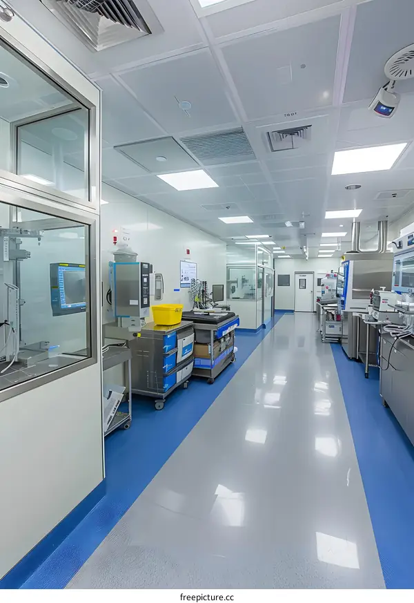 Clean and Modern Laboratory Corridor with Stainless Steel Equipment