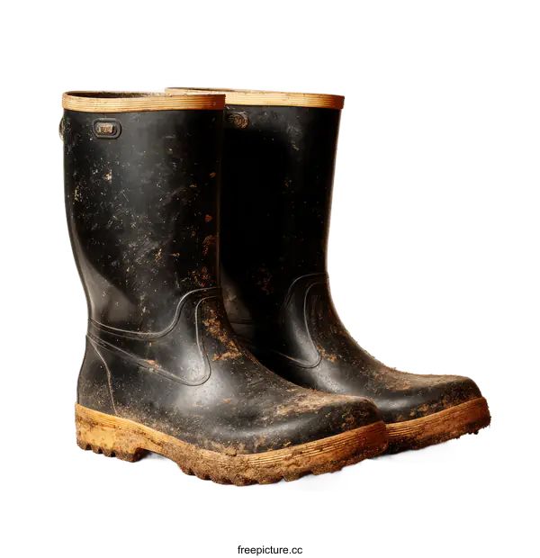 [Transparent Background PNG]Pair of Dirty Black Rubber Work Boots