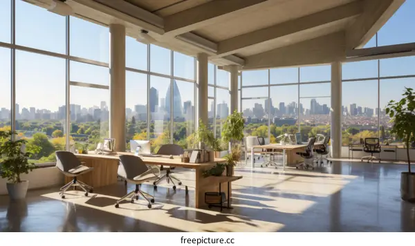 Modern office interior with large windows and city view
