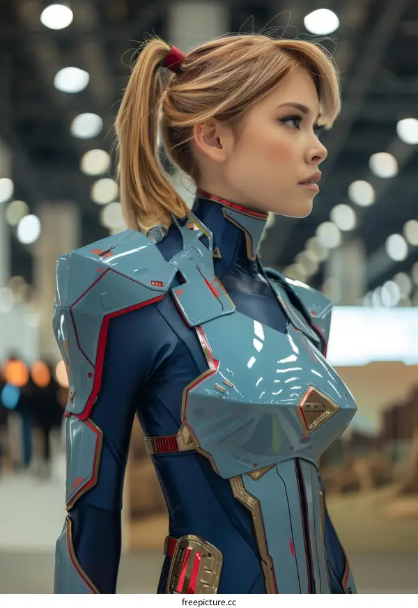 portrait of a young woman in a blue and gray armored suit