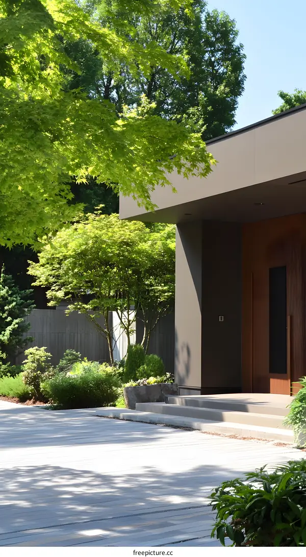 Modern House with Green Trees and Stone Walkway