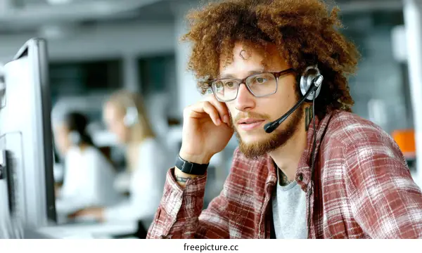 Call Center Employee Working at Computer