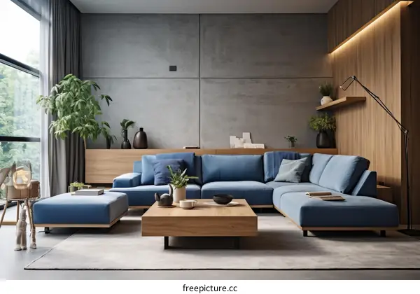 Airy and bright living room with blue sectional sofa and natural textures