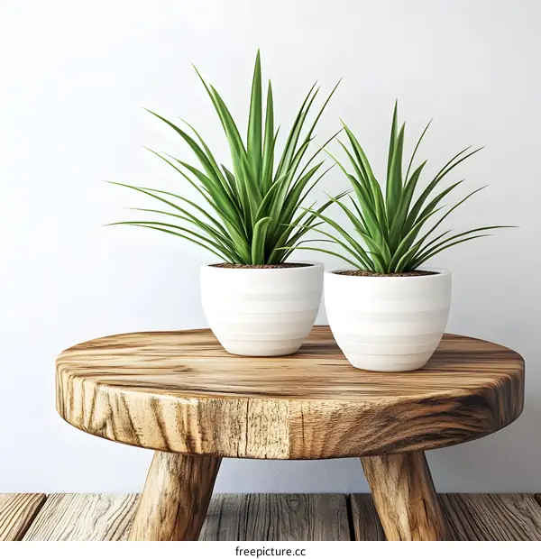 Two potted plants on a wooden table with a white wall background