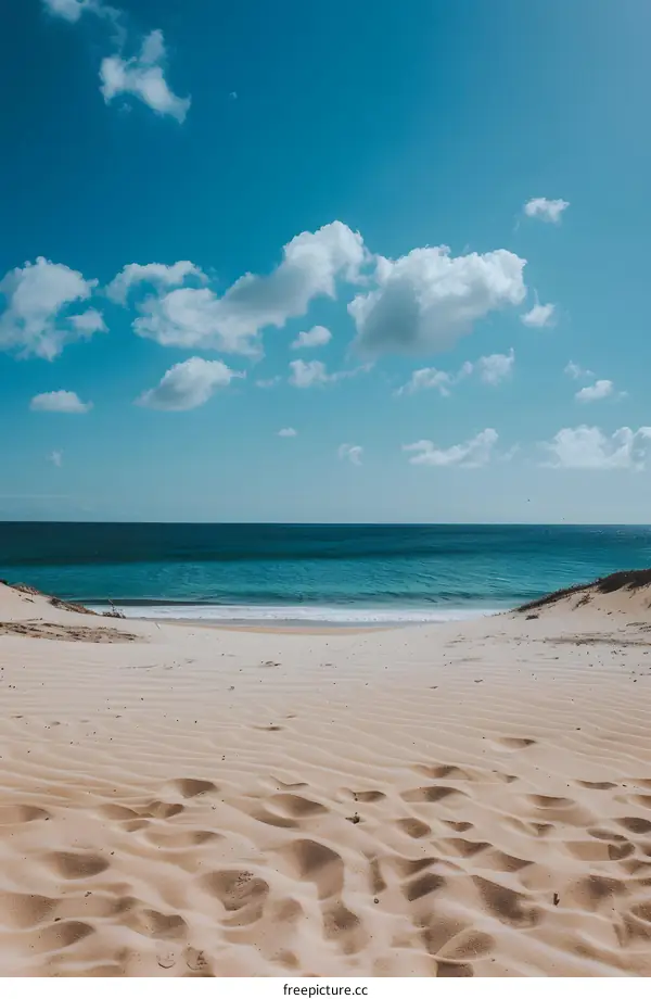 Sandy Beach with Blue Ocean and Sky
