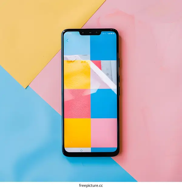 Smartphone with Colorful Wallpaper on Pastel Background