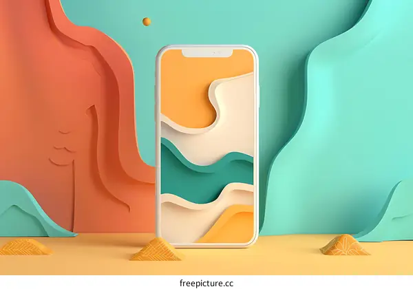 Abstract 3D Illustration of Smartphone with Colorful Waves and Geometric Shapes