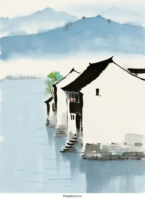 Traditional Chinese Houses Along Calm River with Mountain Background