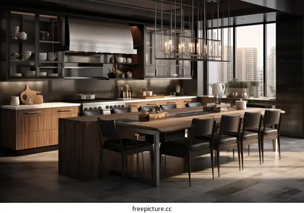 Walnut and Black Modern Kitchen With Glass Windows