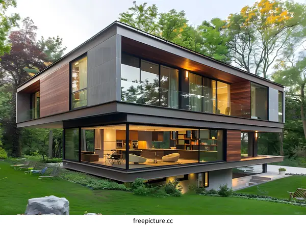 Modern House with Large Windows and a Beautiful Garden