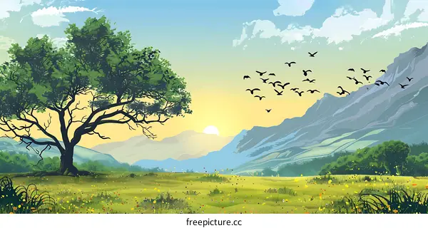 Sunrise Over Mountain Landscape with Green Trees