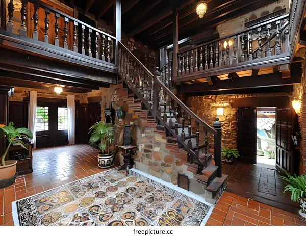 Wooden Staircase in a Stone Building with Balcony