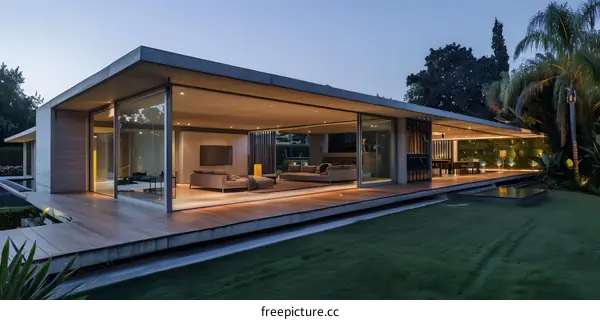 Modern Concrete House with Large Glass Windows and Patio