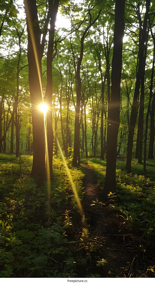 The sun shines through the forest