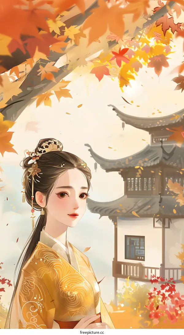 Chinese Woman in Traditional Clothing Standing in Front of a Pagoda Underneath Falling Autumn Leaves