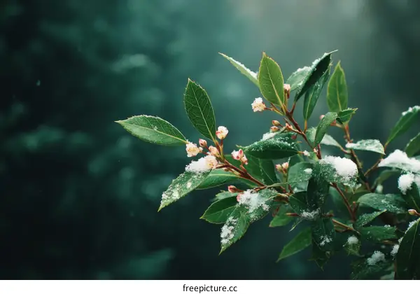 Winter Branches with Snow-Covered Leaves