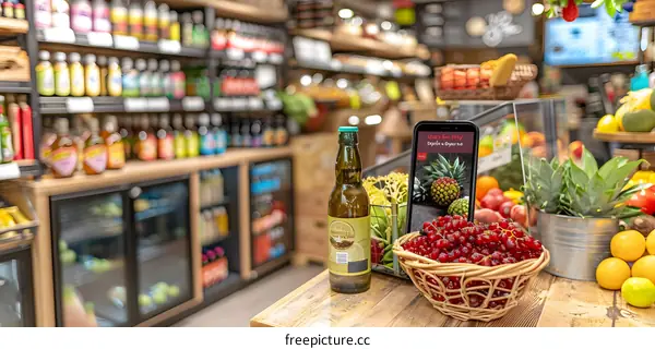 Close Up Of A Bottle Of Beer And Fruit On A Table In A Grocery Store