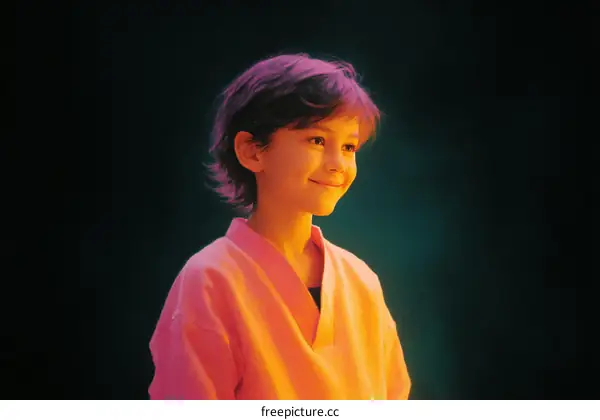 Young girl with short purple hair in warm colored lighting