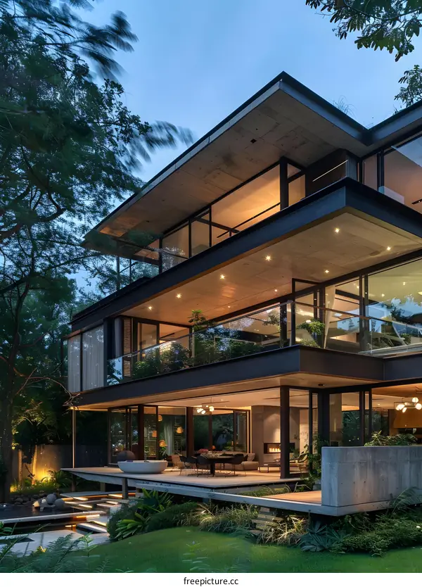 Modern Home with Glass Walls and Large Deck