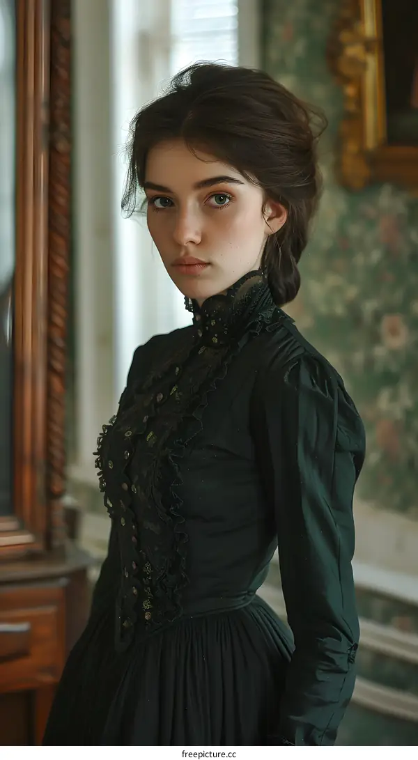 Portrait of a young woman in a green dress