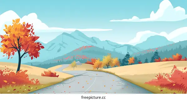 Autumn Landscape with Road and Mountains