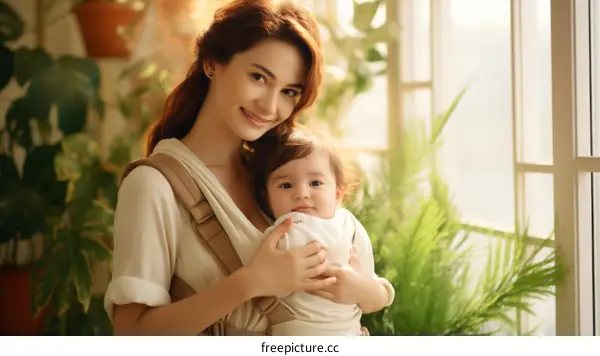 A young mother is holding her baby in a baby carrier