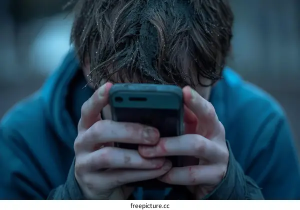 Teenager checking his phone in the rain