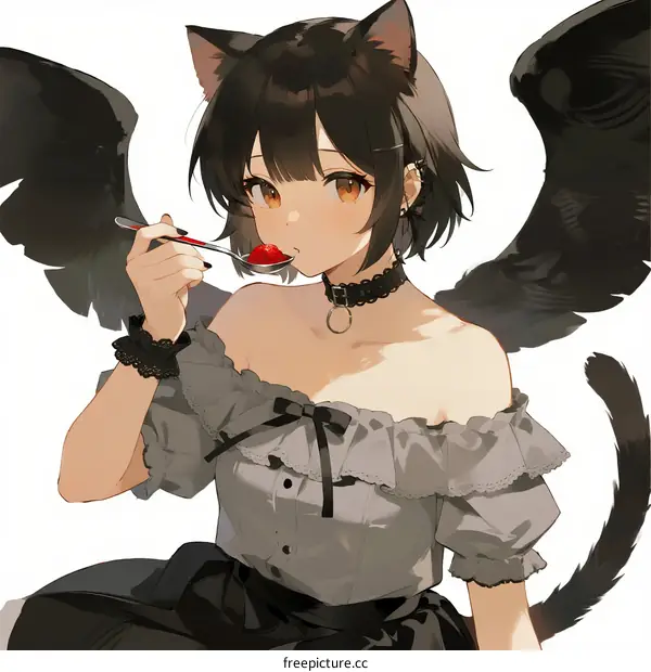 Anime girl with cat ears and black wings eating strawberry