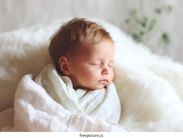 Cute Newborn Baby Sleeping On Soft White Fluffy Blanket