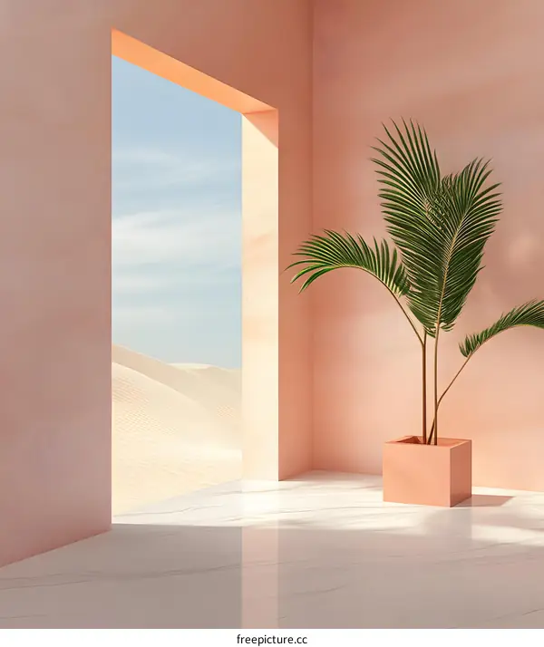 Minimalist Room With Palm Tree And Desert View