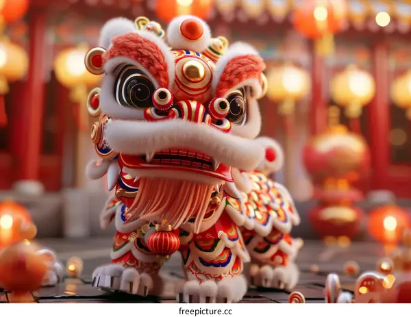 Festive Chinese Lion Dance in a Temple