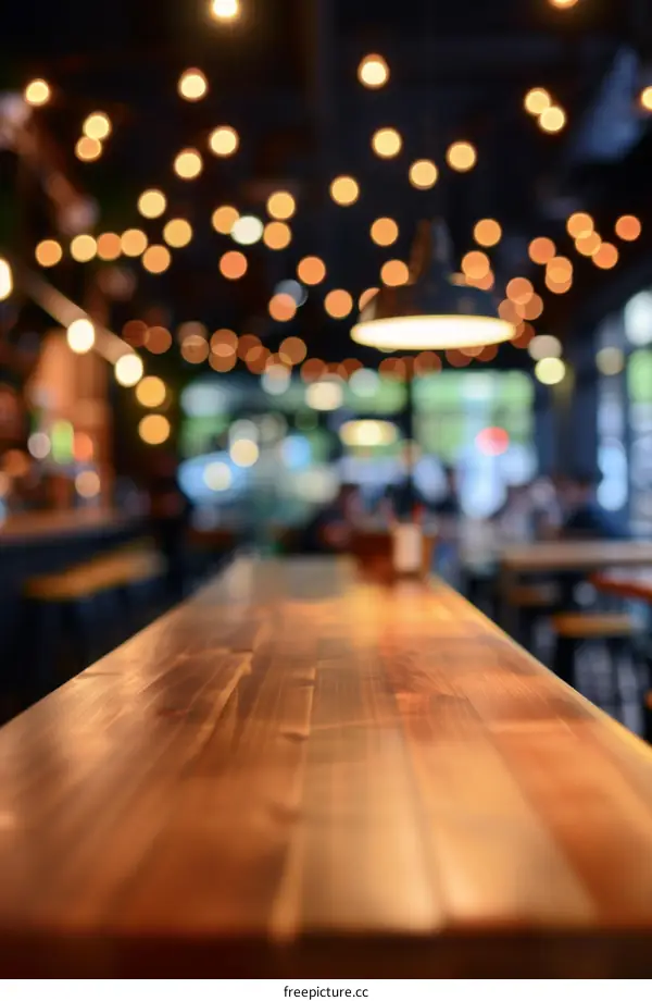 An empty wooden table in a restaurant with a blurred background